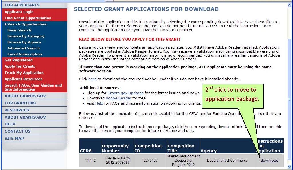 Grants.gov selected application for download