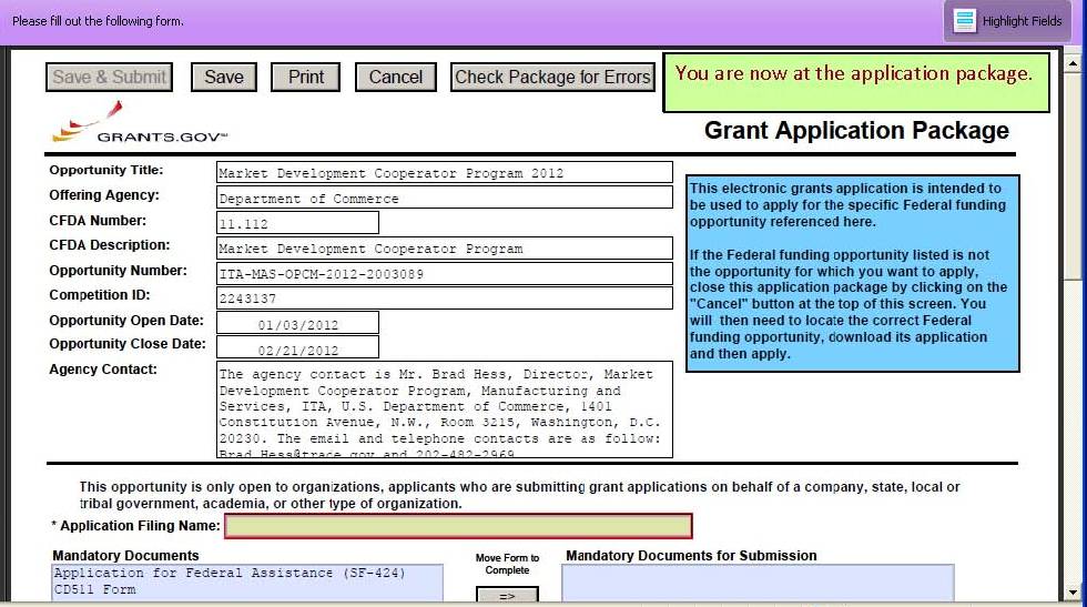 Grants.gov application package